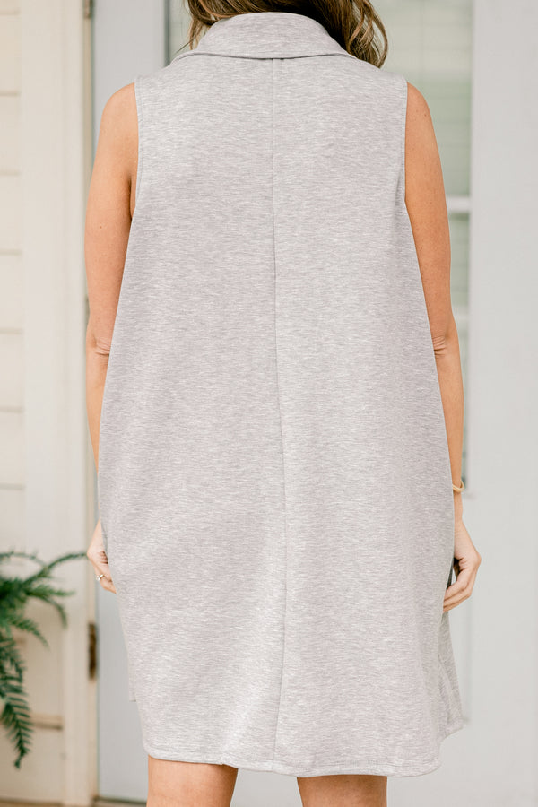 Chic Soul plus size clothing, sleeveless heather grey short dress with a collar and a split-v-neckline
