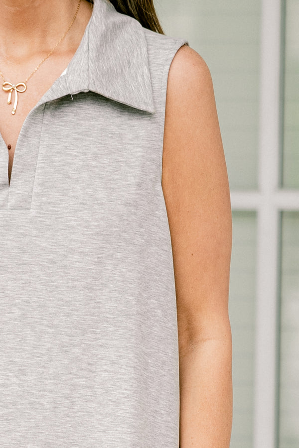 Chic Soul plus size clothing, sleeveless heather grey short dress with a collar and a split-v-neckline