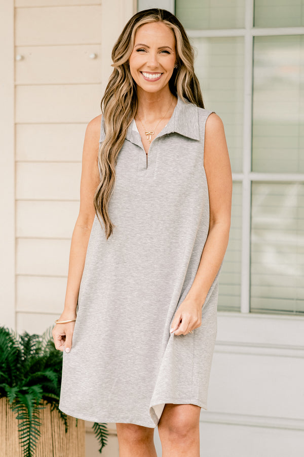 Chic Soul plus size clothing, sleeveless heather grey short dress with a collar and a split-v-neckline
