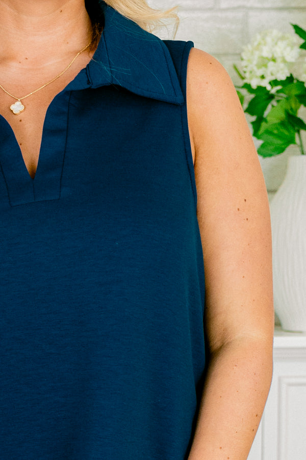 Chic Soul plus size clothing, navy casual dress with a collar and a slight v-neck