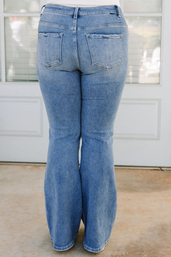 Chic Soul plus size clothing, high-waisted medium wash denim blue jeans with a straight boot-cut with a bronze button detailing 