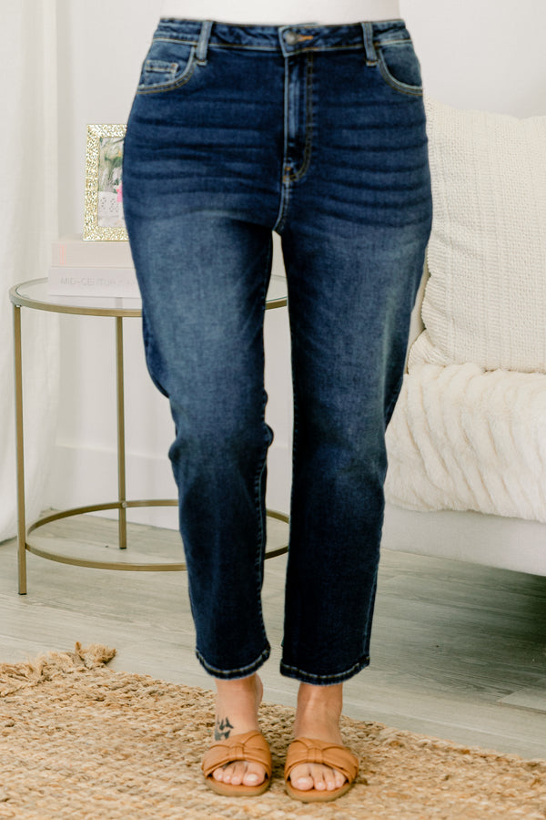 Chic Soul plus size clothing, dark wash jeans that have front and back pockets as well as a straight fit 