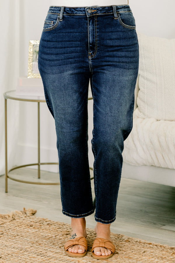 Chic Soul plus size clothing, dark wash jeans that have front and back pockets as well as a straight fit 