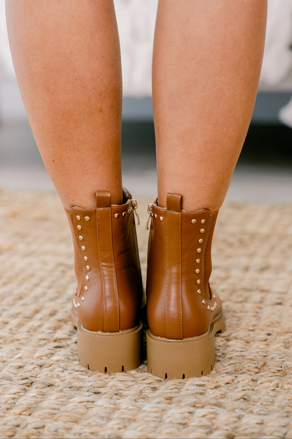 Chic Soul plus size clothing, camel colored botties with a side zipper and gold stud details going up the sides and top of the boot