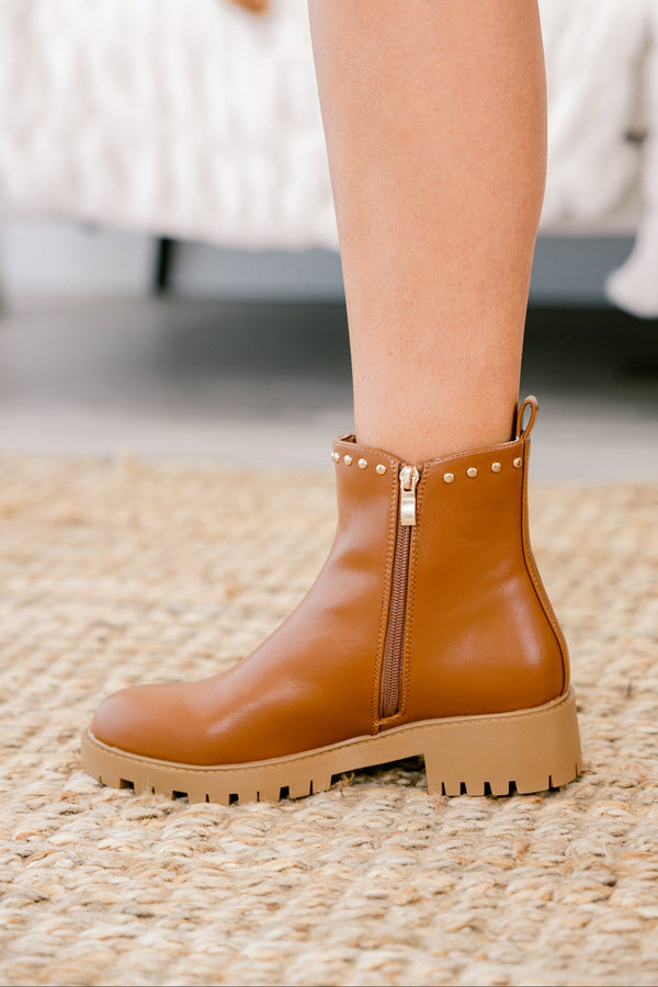 Chic Soul plus size clothing, camel colored botties with a side zipper and gold stud details going up the sides and top of the boot