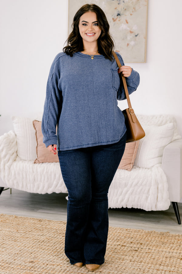 Chic Soul plus size clothing, dusty blue long sleeve crewneck ribbed sweater top with front pocket