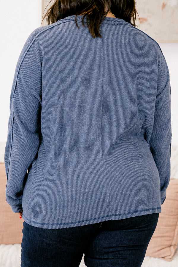 Chic Soul plus size clothing, dusty blue long sleeve crewneck ribbed sweater top with front pocket