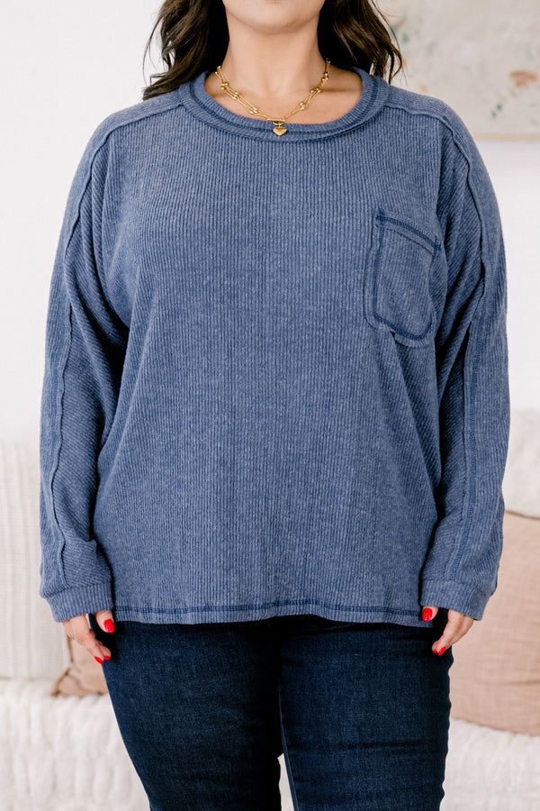 Chic Soul plus size clothing, dusty blue long sleeve crewneck ribbed sweater top with front pocket