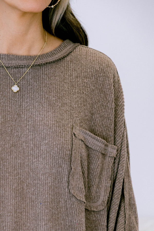 Chic Soul plus size clothing, mocha long sleeve crewneck ribbed sweater top with a front pocket