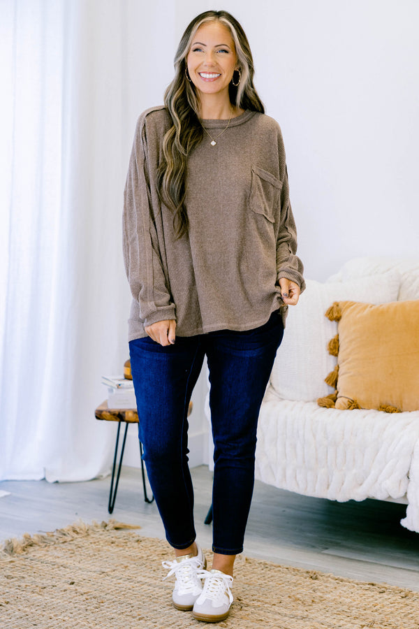 Chic Soul plus size clothing, mocha long sleeve crewneck ribbed sweater top with a front pocket
