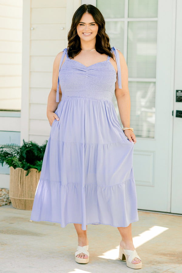 Chic Soul plus size clothing, sky blue midi dress with tiered skirt, bow tie straps, and smocked top