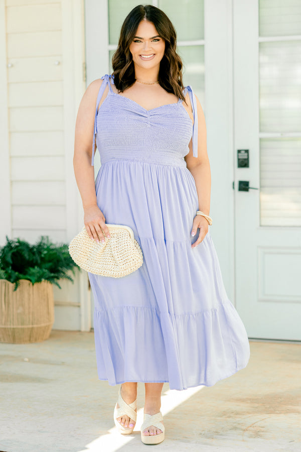 Chic Soul plus size clothing, sky blue midi dress with tiered skirt, bow tie straps, and smocked top