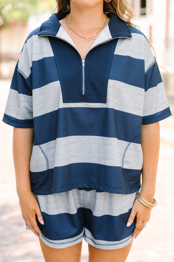 Plus Size navy and grey horizontal striped short sleeve top with a quarter-zip collar.