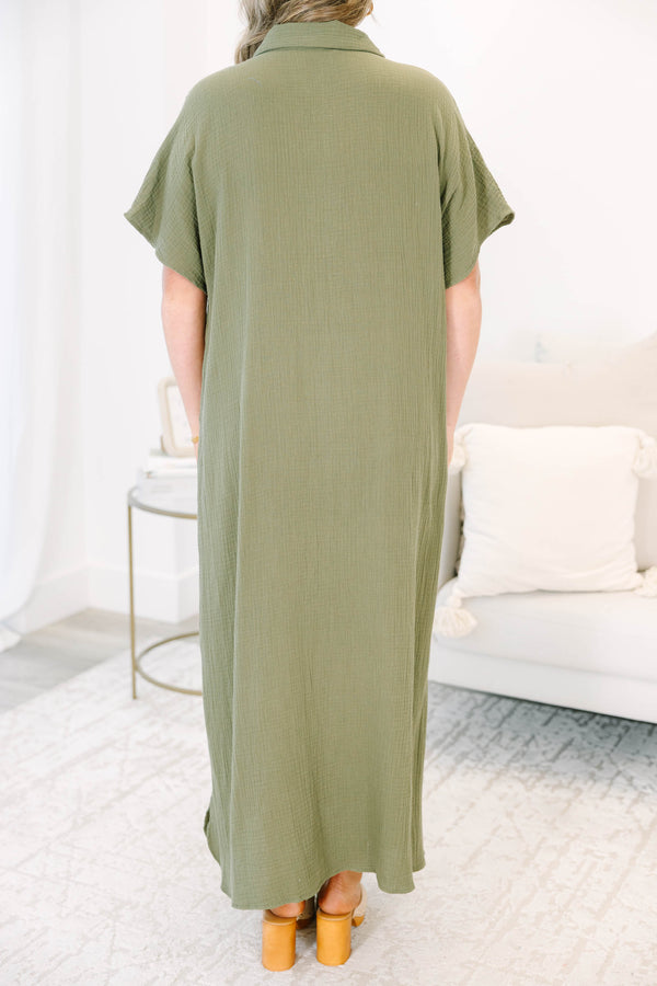 Plus Size olive green maxi shirt dress with short sleeves, a button-down front, and a collar.