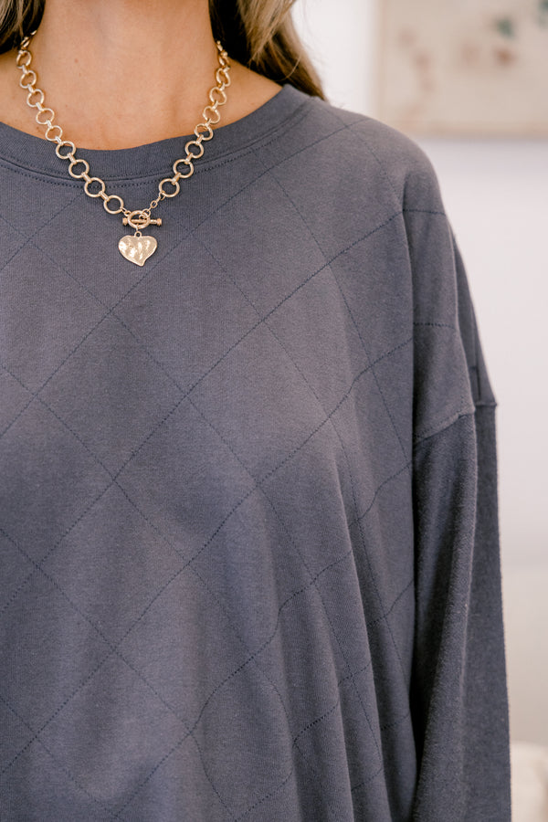 Chic Soul plus size clothing, charcoal grey long sleeve crewneck top with diamond pattern