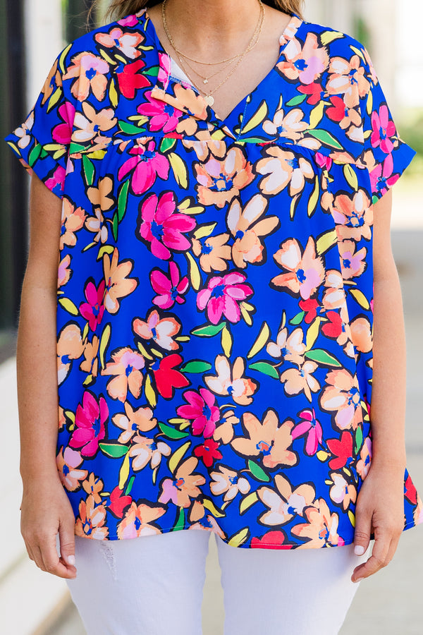 Chic Soul plus size clothing, short sleeve blue top with small v-neckline and multi-colored floral pattern