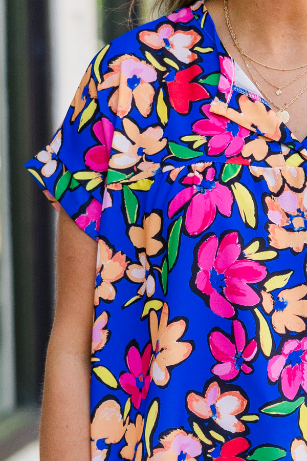 Chic Soul plus size clothing, short sleeve blue top with small v-neckline and multi-colored floral pattern