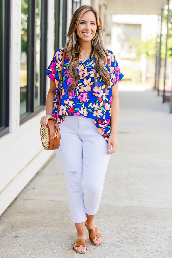 Chic Soul plus size clothing, short sleeve blue top with small v-neckline and multi-colored floral pattern
