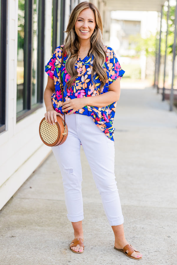 Chic Soul plus size clothing, short sleeve blue top with small v-neckline and multi-colored floral pattern