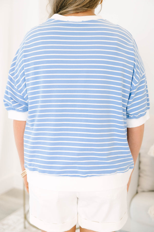 Plus Size cornflower blue and white striped short sleeve top with a white crew neck and hem.