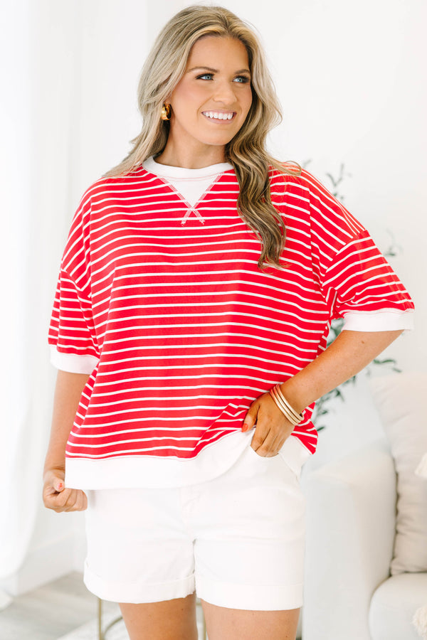 Plus Size red and white horizontal striped short sleeve top with white ribbed trim and crew neck.