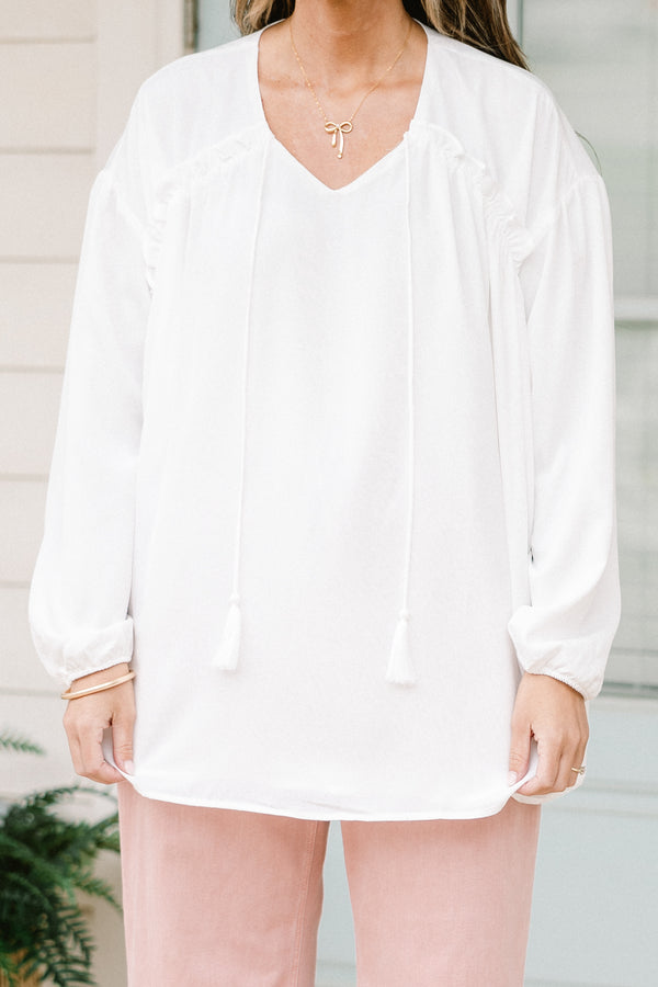 Chic Soul plus size clothing, long sleeve white top with tassel ties 