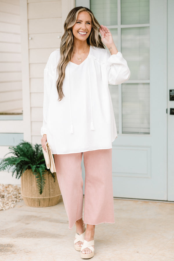 Chic Soul plus size clothing, long sleeve white top with tassel ties 