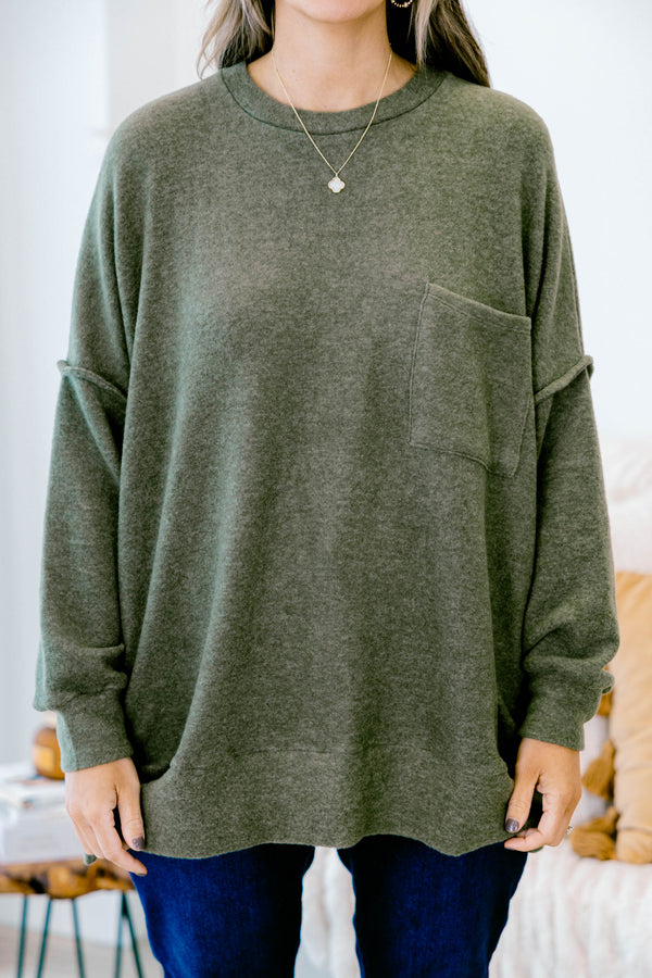 Chic Soul plus size clothing, dark olive long sleeve sweater with  a front pocket 