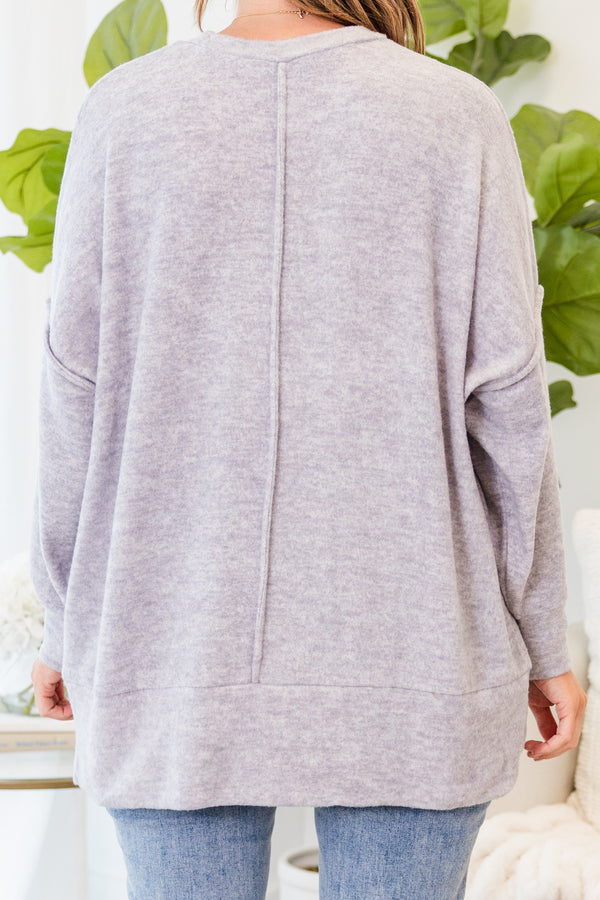 Chic Soul plus size clothing, heather grey long sleeve knit sweater with cuff sleeves and round neckline with chest pocket
