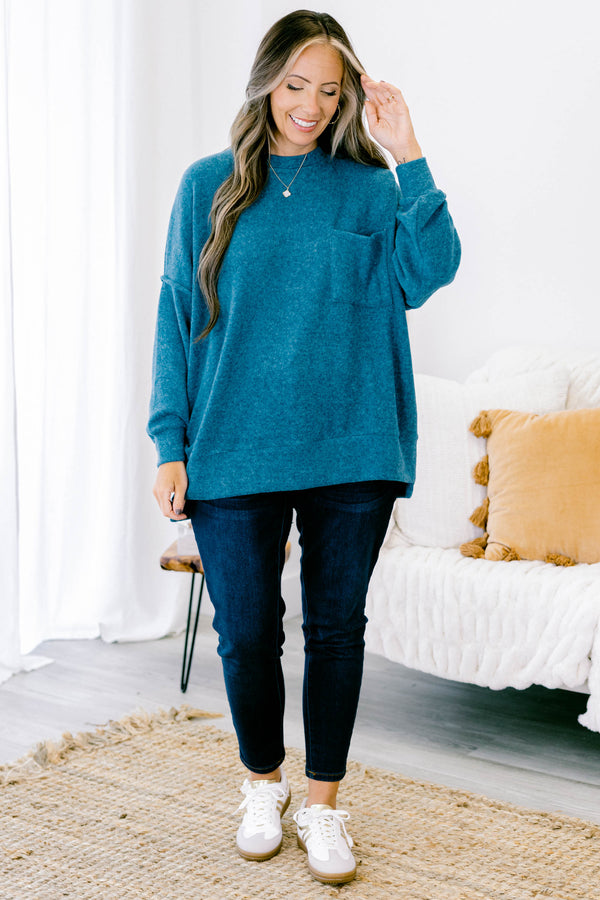 Chic Soul plus size clothing, teal oversized sweater with front pocket