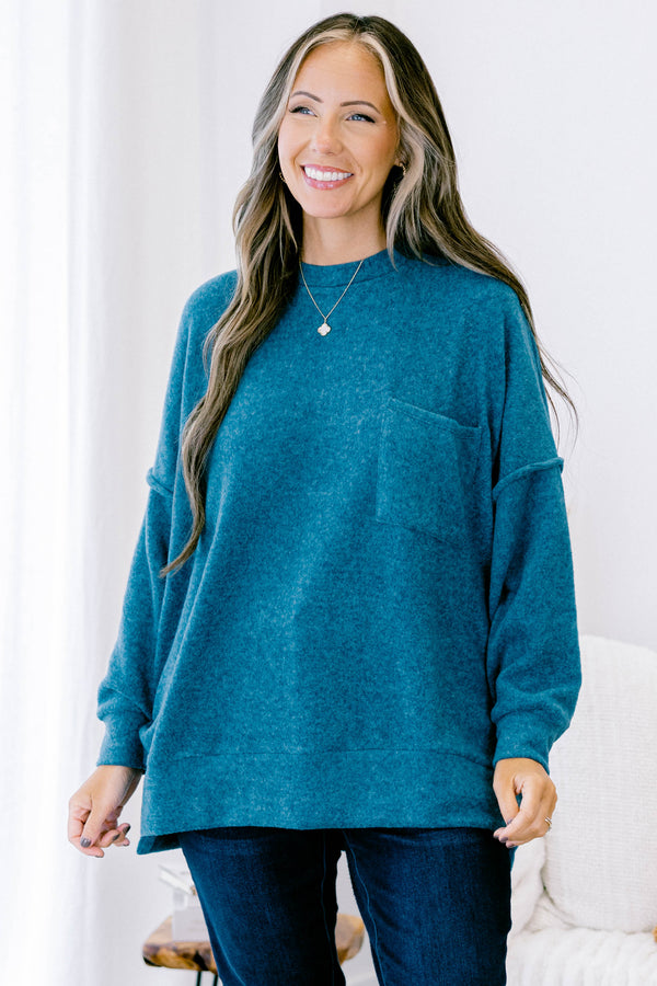 Chic Soul plus size clothing, teal oversized sweater with front pocket