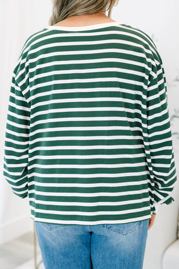 Plus size emerald green and white striped long sleeve cotton top with a relaxed, flowy fit.