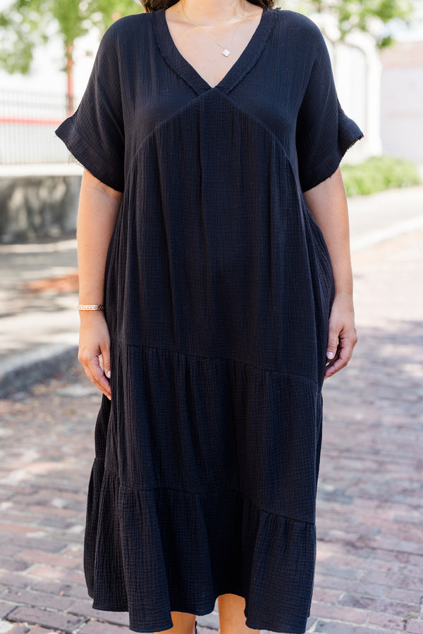 Chic Soul plus size clothing, short sleeve black midi dress with tiered detail with v neckline and raw hem sleeves