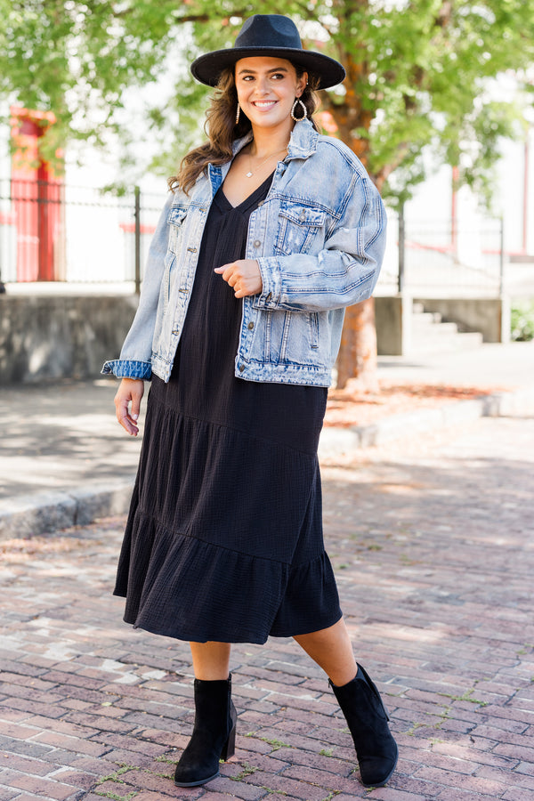 Chic Soul plus size clothing, short sleeve black midi dress with tiered detail with v neckline and raw hem sleeves