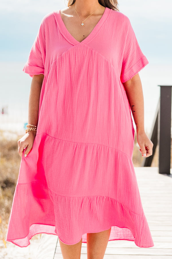 Chic Soul plus size clothing, short-sleeve pink baby doll midi dress with ruffled detailing and a v-neckline 