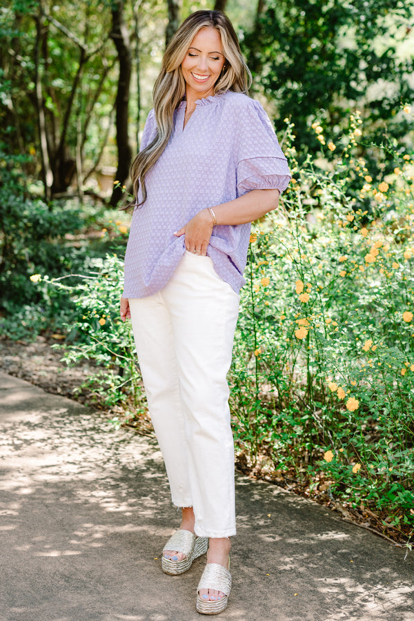 Chic Soul plus size clothing, short-puffed-sleeve light purple top with a textured spotted material and a split-v-neckline with ruffles along the neckline