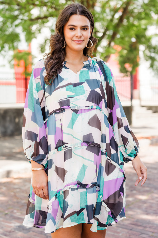 Chic Soul plus size clothing, long-sleeve ruffled purple multi-colored babydoll dress with smocked v-neckline and white and purple geometric abstract pattern