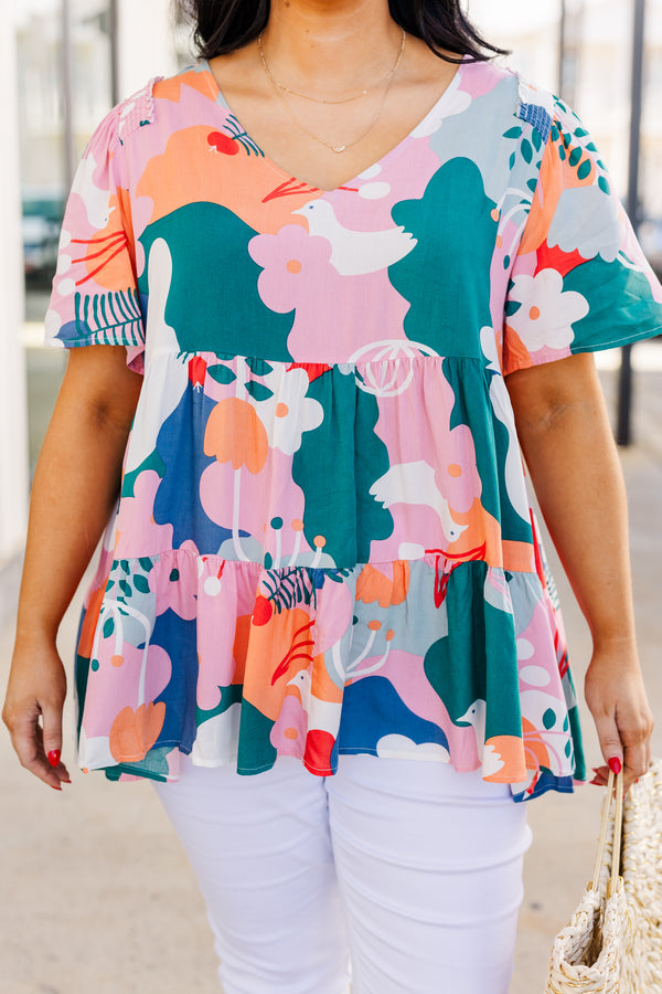 Chic Soul plus size clothing, multi color floral babydoll short sleeve top