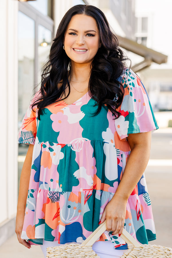 Chic Soul plus size clothing, multi color floral babydoll short sleeve top