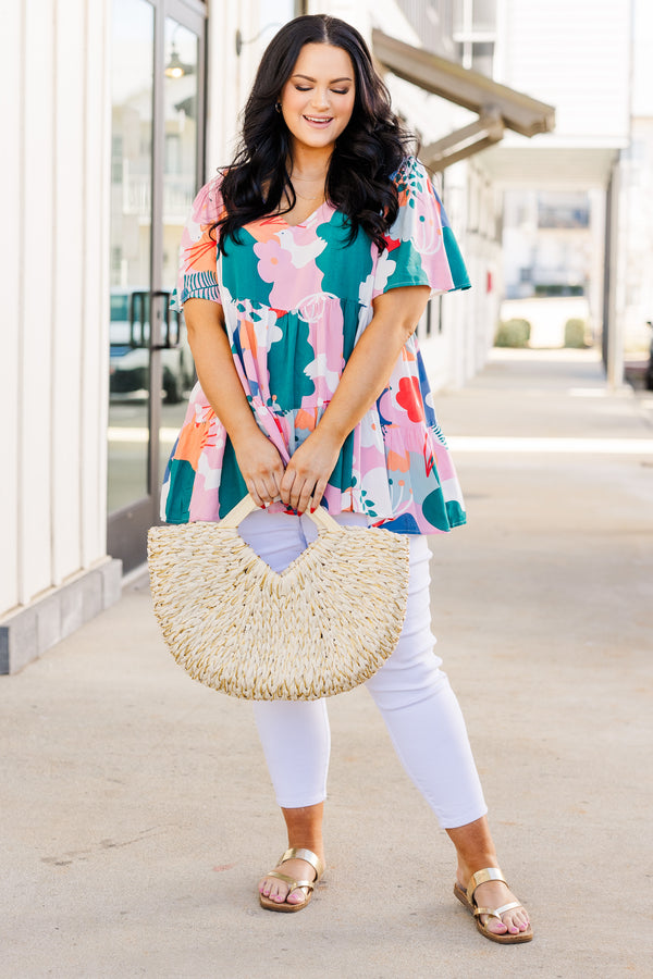 Chic Soul plus size clothing, multi color floral babydoll short sleeve top