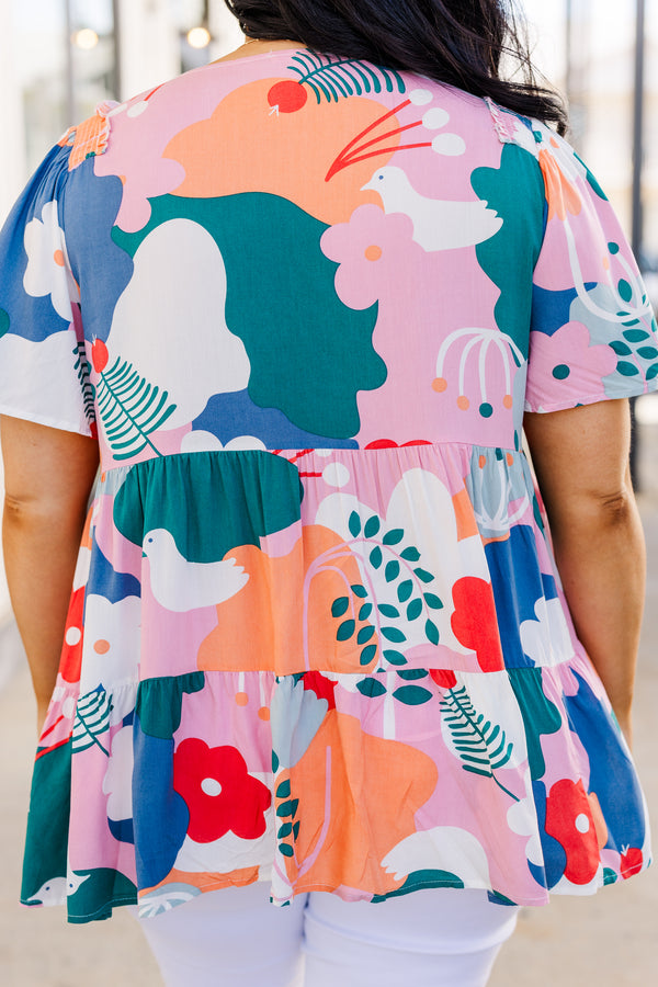 Chic Soul plus size clothing, multi color floral babydoll short sleeve top