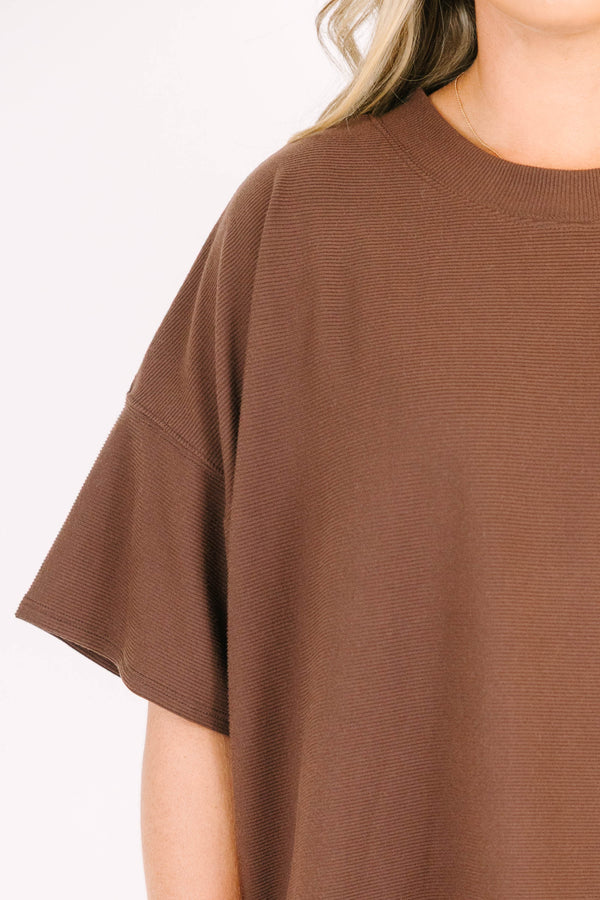 Plus Size brown two-piece set with a short-sleeve ribbed top and matching elastic pull-on shorts.