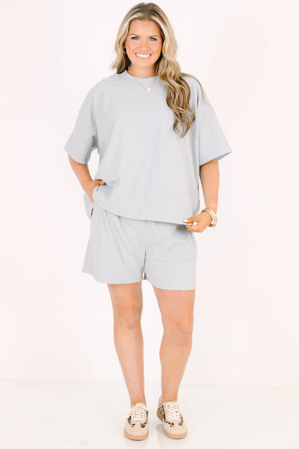Plus Size heather grey two-piece set with a short-sleeve crewneck top and matching pull-on shorts.