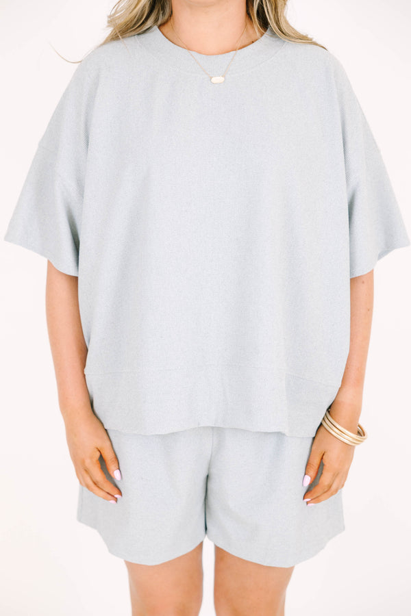 Plus Size heather grey two-piece set with a short-sleeve crewneck top and matching pull-on shorts.