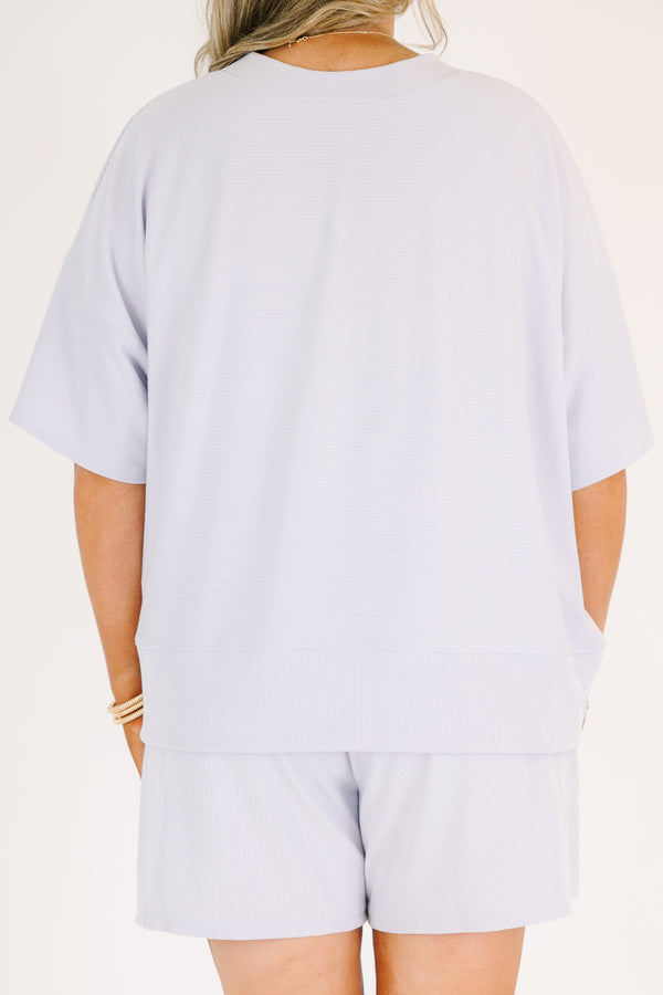 Plus Size lavender two-piece set with a short-sleeve ribbed top and matching pull-on shorts.