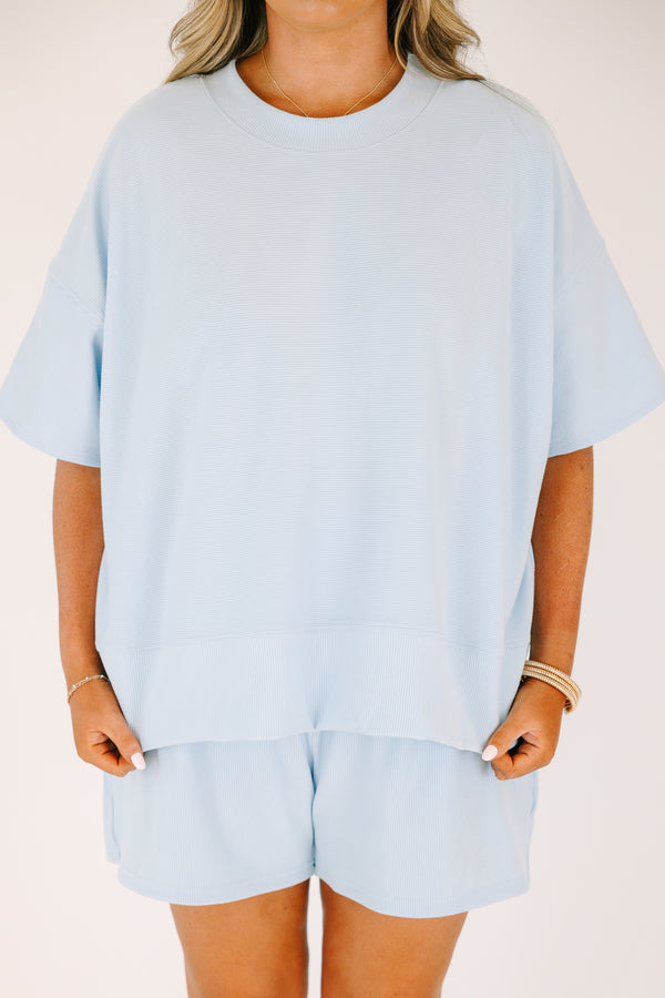 Plus Size light blue two-piece set with a ribbed short-sleeve top and matching pull-on shorts.