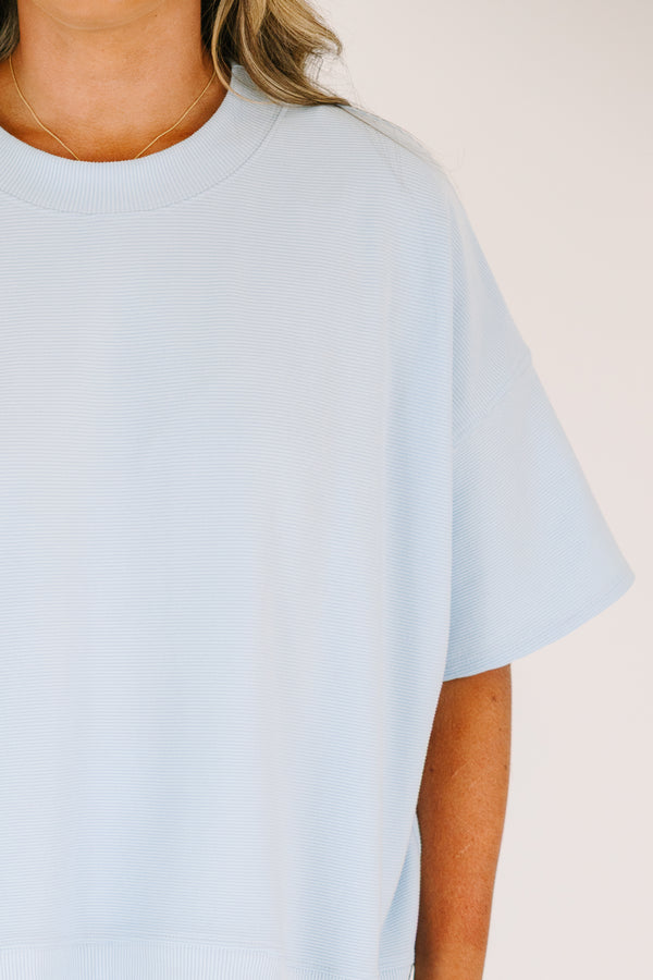 Plus Size light blue two-piece set with a ribbed short-sleeve top and matching pull-on shorts.