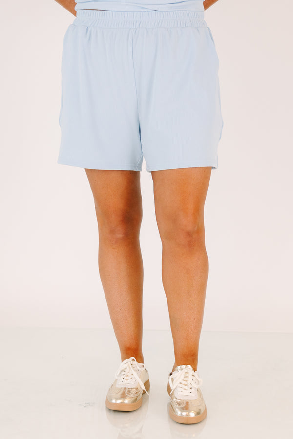 Plus Size light blue two-piece set with a ribbed short-sleeve top and matching pull-on shorts.