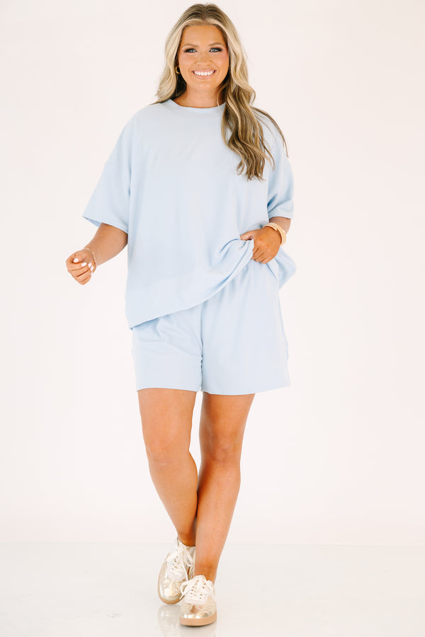 Plus Size light blue two-piece set with a ribbed short-sleeve top and matching pull-on shorts.