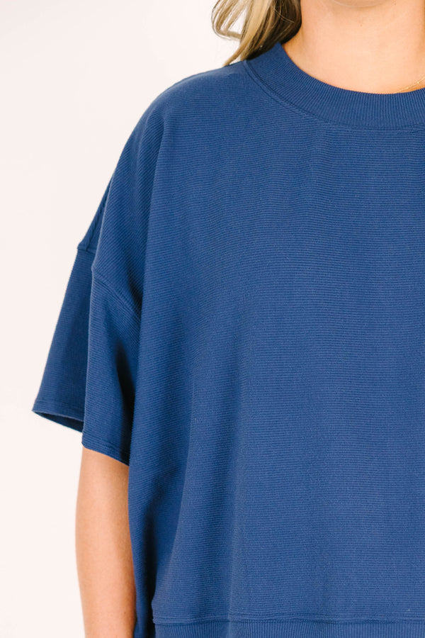 Plus Size navy two-piece set with a short-sleeve ribbed top and matching elastic pull-on shorts.